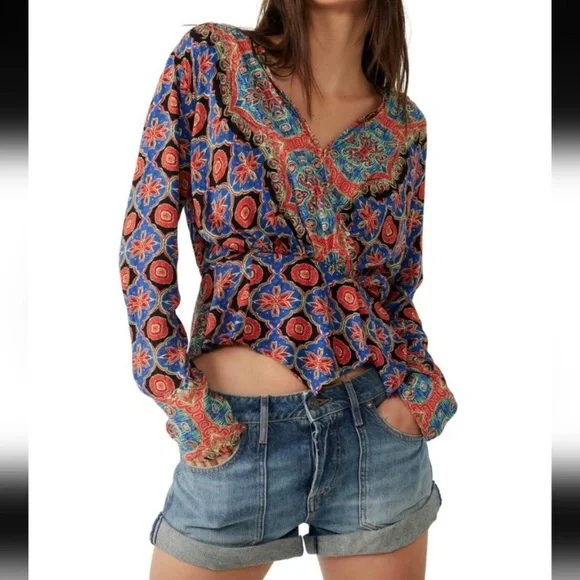 🕔 NWOT | Free People | Falling For You | Paisley Surplice Peplum | Blu/Orng | XS - Picture 2 of 7